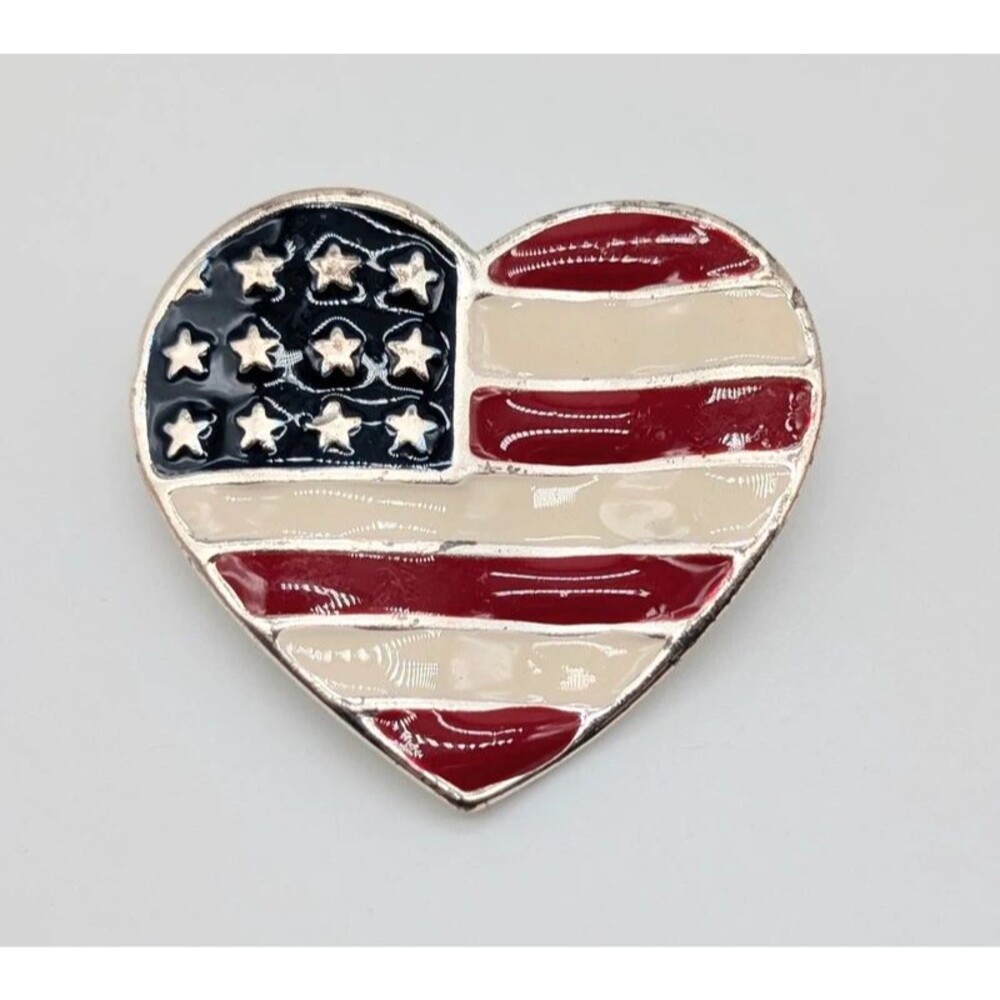 American Flag Heart Brooch Pin Enamel